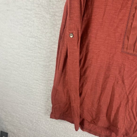 Dolan Blouse Womens M Coral Stretch Split Neck Pleated Roll Tab Long Sleeve 7646 - Picture 3 of 8